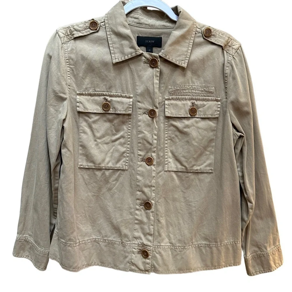 J.‎ Crew Jacket  Tan Khaki Button Up Utility Safari Shacket Lagenlook Size XS